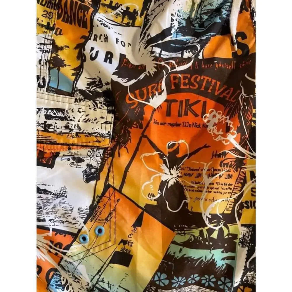 Size 38 Men's OP Orange and Blue Tiki Tropical Beach Swim Trunks XL